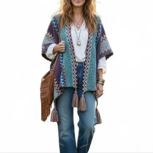 Vintage Handmade Crochet Poncho Cardigan Boho Zig Zag Tassels Oversized OS